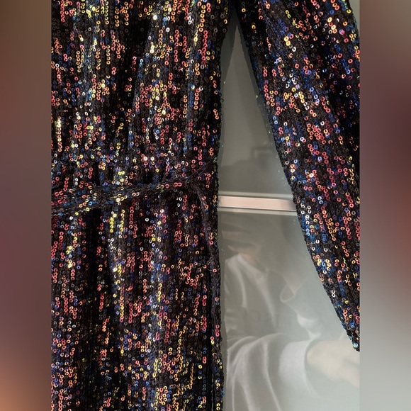 XSP LOFT Women's Sequin Mini Dress Belted V-Neck Banded Sheer Sleeve - Picture 7 of 10